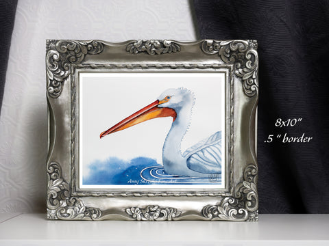 White Pelican Watercolour Print – Bird Art – A Pelican at Big Lake