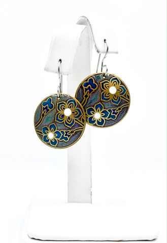 Cherry Blossom Earrings in with Iridescent Blue and Turquoise Flowers.