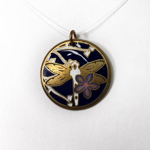 Dark Blue and White Dragon Fly Pendant in Brass