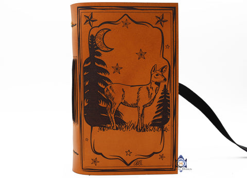 Whitetail deer in an enchanted forest at night art on a leather journal
