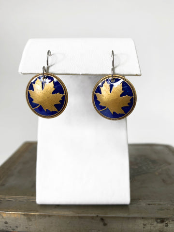 Round Maple Leaf Earrings in Royal Blue and Brass