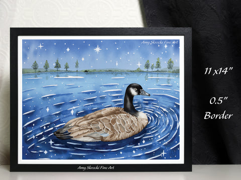 Canadian Goose Watercolor Print – Nature Bird Art – Swimming in the Stars