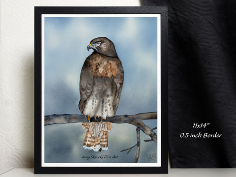 Red-Tailed Hawk Watercolor Print – Bird of Prey Art – "Sentinel"- Stormy Sky Wildlife Painting