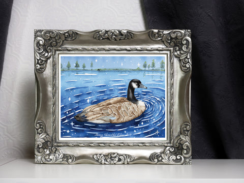 Canadian Goose Watercolor Print – Nature Bird Art – Swimming in the Stars