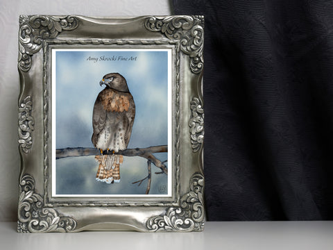 Red-Tailed Hawk Watercolor Print – Bird of Prey Art – "Sentinel"- Stormy Sky Wildlife Painting