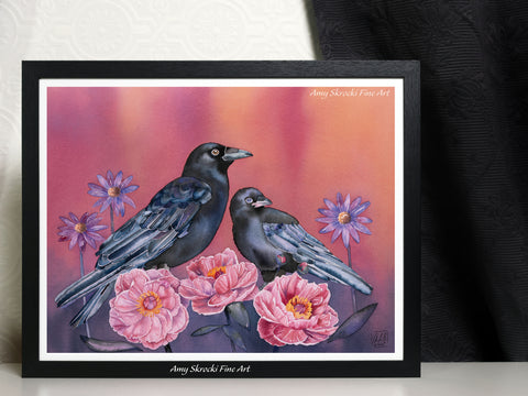 Mother and Baby Crow Watercolor Print – Bird Art – Mother and Me