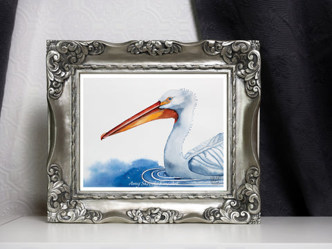 White Pelican Watercolour Print – Bird Art – A Pelican at Big Lake