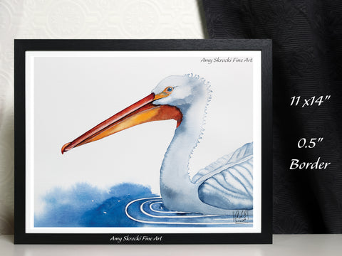 White Pelican Watercolour Print – Bird Art – A Pelican at Big Lake