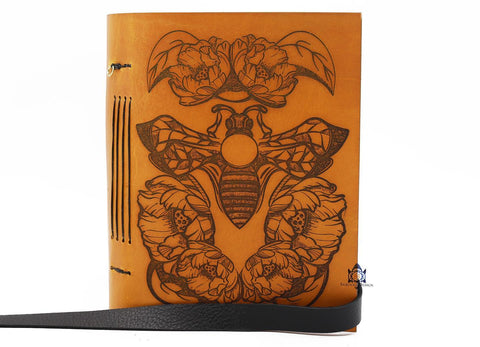 Bee and Flowers Honey Colored leather journal