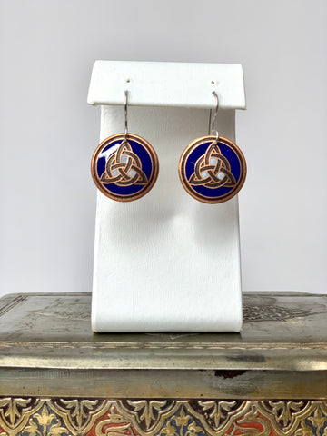 Blue and White Trinity Knot Earrings in Copper