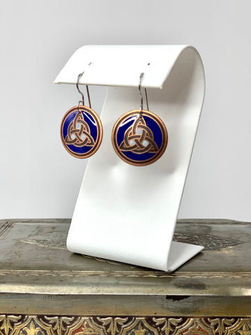 Blue and White Trinity Knot Earrings in Copper
