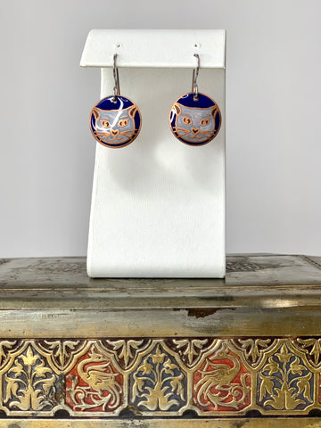 White Cat Earrings with a Blue Background in Copper