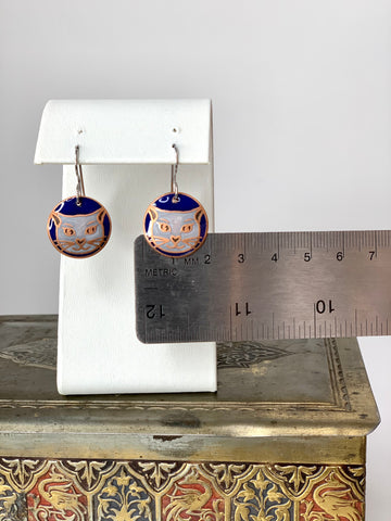 White Cat Earrings with a Blue Background in Copper