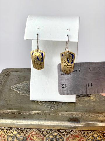 Viking Scar Plaque Dragon Earrings in Brass with Blue
