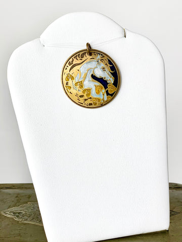 Horse Pendant with Golden Ivy and a Blue Background in Brass