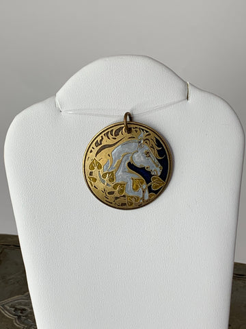 Horse Pendant with Golden Ivy and a Blue Background in Brass