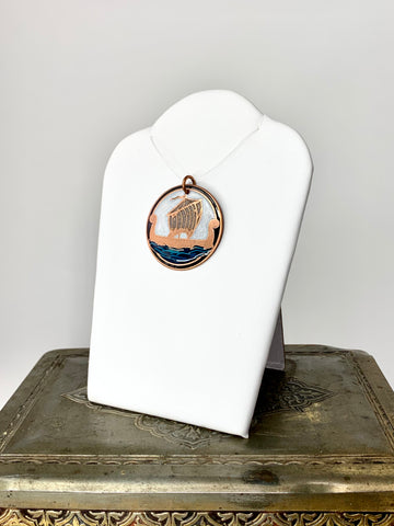 Viking Ship - Sailing in the Seas- Blue and White Pendant in Copper