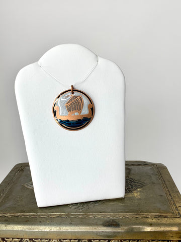 Viking Ship - Sailing in the Seas- Blue and White Pendant in Copper