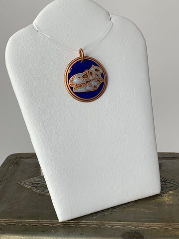 Albertosaurus Fossil Pendant in Copper with Blue and White