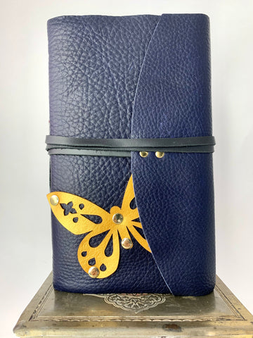 Gold Butterfly Journal with Soft Dark Blue Leather