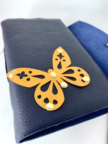 Gold Butterfly Journal with Soft Dark Blue Leather