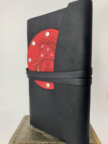 Mushroom Fairy House Leather Journal with Red Patch