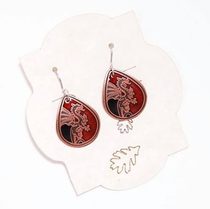 Ruby red & Black dragon small teardrop earrings in pure copper.