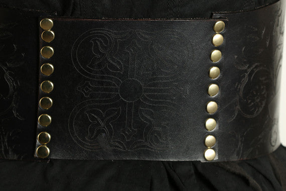 Black leather etched waist cincher or corset belt (size 25-27) - Six Wings  by Skrocki Design