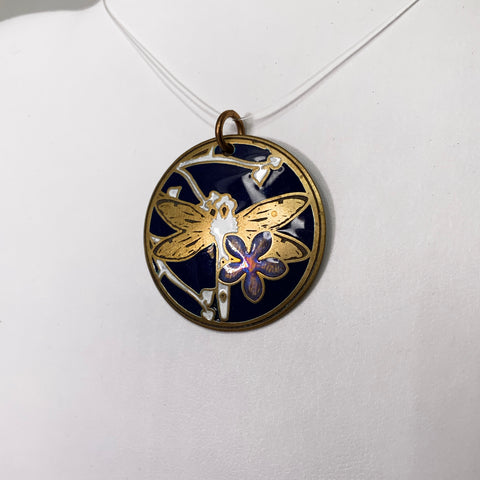 Dark Blue and White Dragon Fly Pendant in Brass