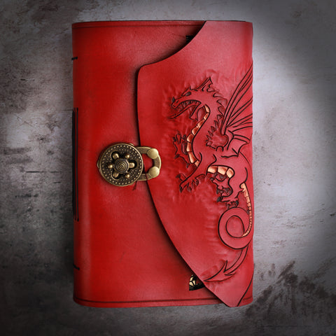 Hand carved red dragon with gold highlights leather bound journal with shield