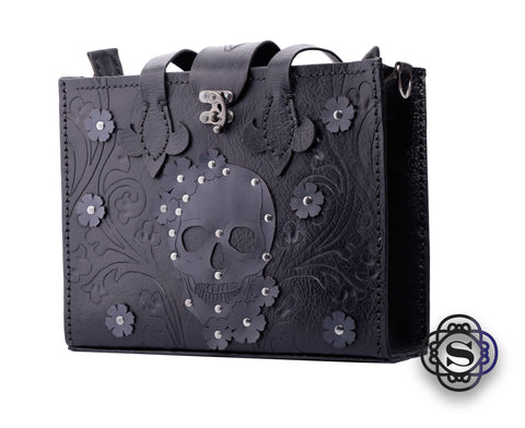 Black leather tote with grey skull and flowers