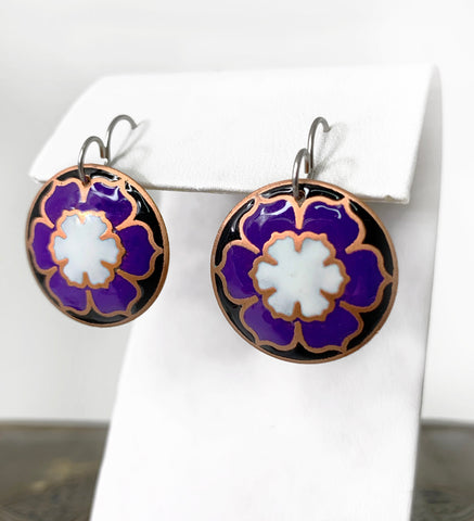 White, Purple and Black Round Flower Blossom Earrings