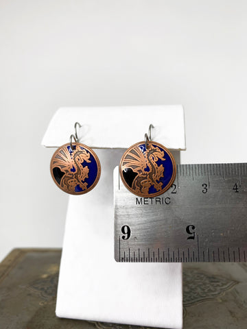 Round Dual Tone Dragon Earrings in Blue and Black