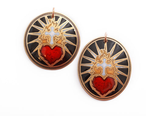 Sacred Heart Pendant, Sacred Heart of Jesus, Flaming Sacred Heart Cross, Sacred Heart Pendant Red, Gold Sacred Heart Necklace