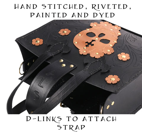 Black leather with gold skull and flowers handmade tote bag with sustainable leather
