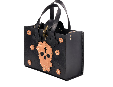 Black leather with gold skull and flowers handmade tote bag with sustainable leather