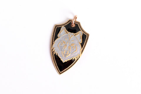 Wolf Shield Pendant in Brass, Pearl White, and Black
