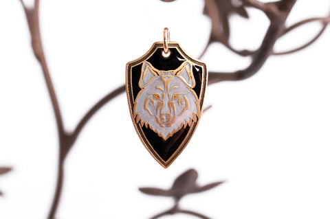 Wolf Shield Pendant in Brass, Pearl White, and Black